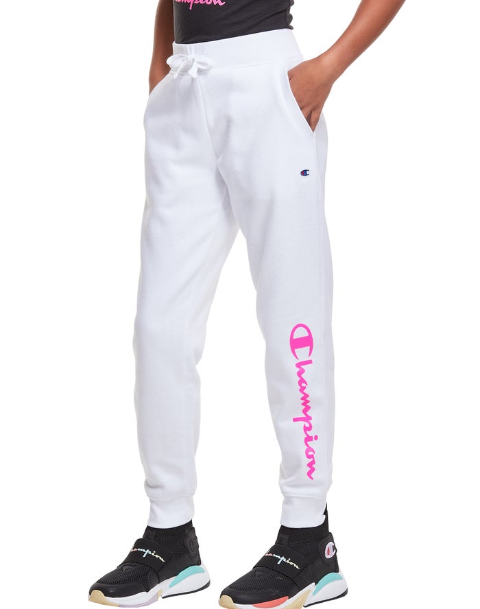 Champion Drenge Joggingbukser Hvide - Fleece Script Logo - Danmark RAL-573962